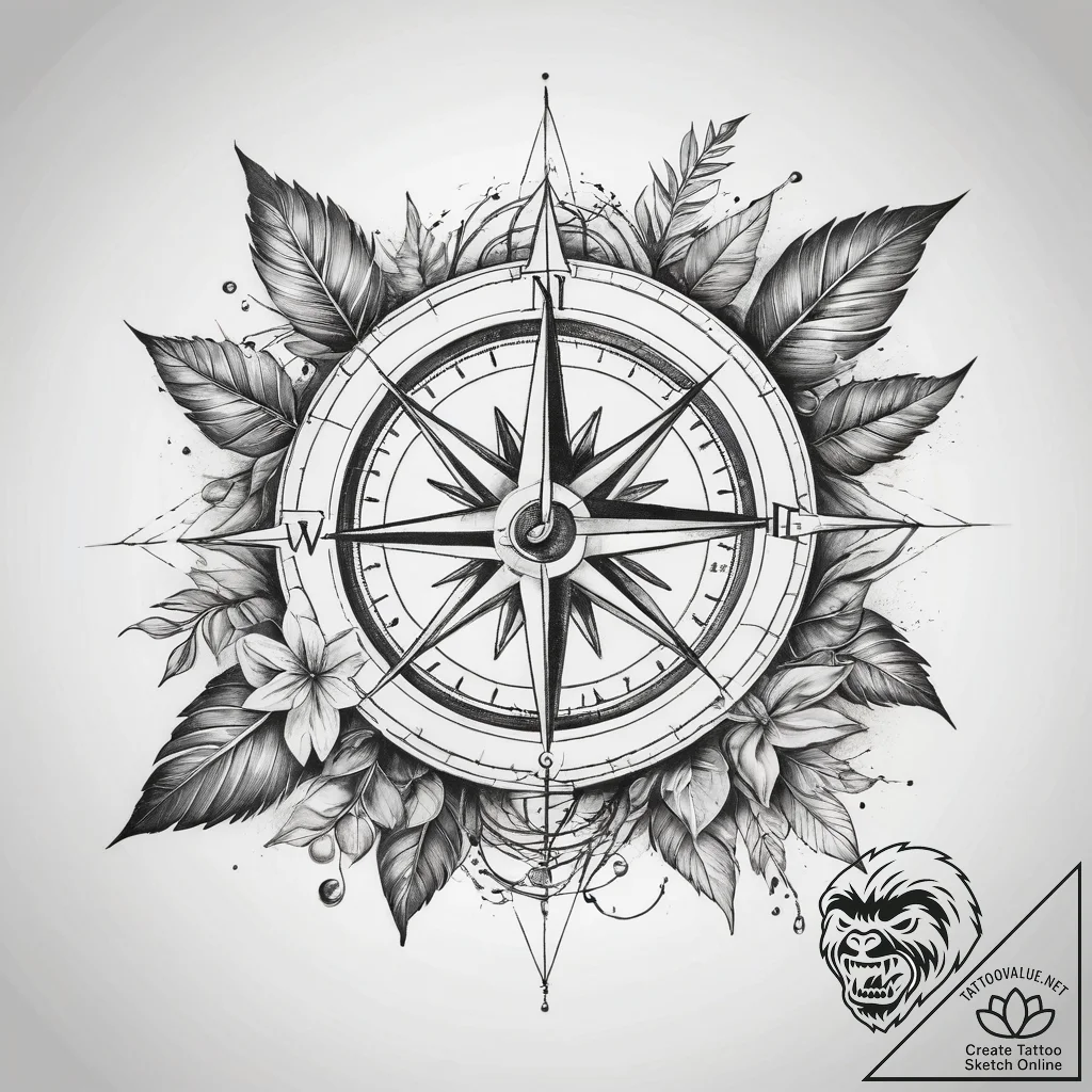 Tattoo sketch compass with a plant, tattoo fl... - tattoo sketch (№1758577889_0, 22.09.2025 21:51) — tattoovalue.net
