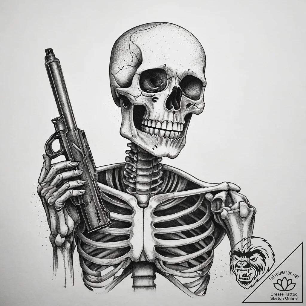 Tattoo sketch skeleton with a gun, tattoo fla... - tattoo sketch (№1758580637_0, 22.09.2025 22:37) — tattoovalue.net