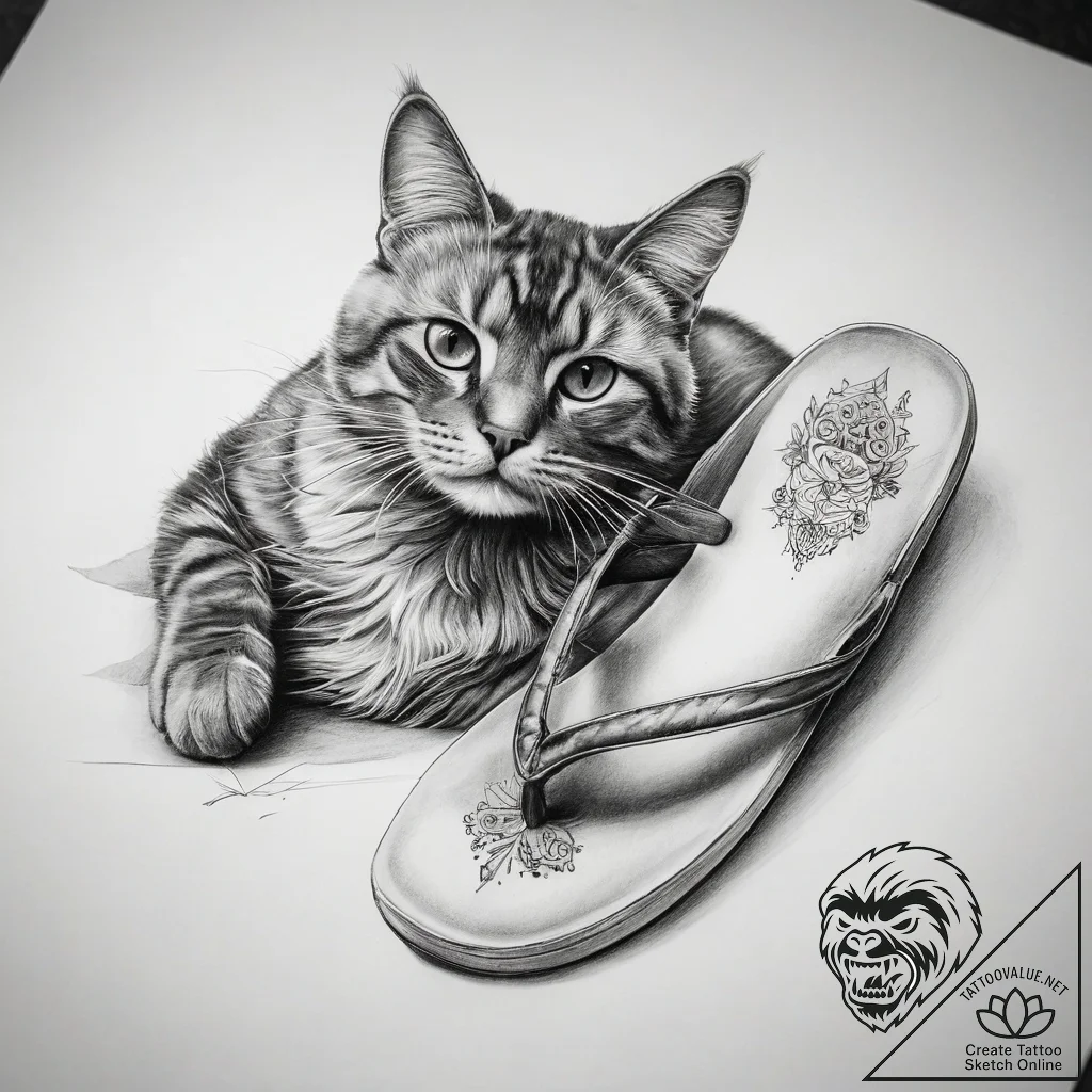 Tattoo sketch slipper with a cat, concept art... - tattoo sketch (№1758583196_0, 22.09.2025 23:19) — tattoovalue.net