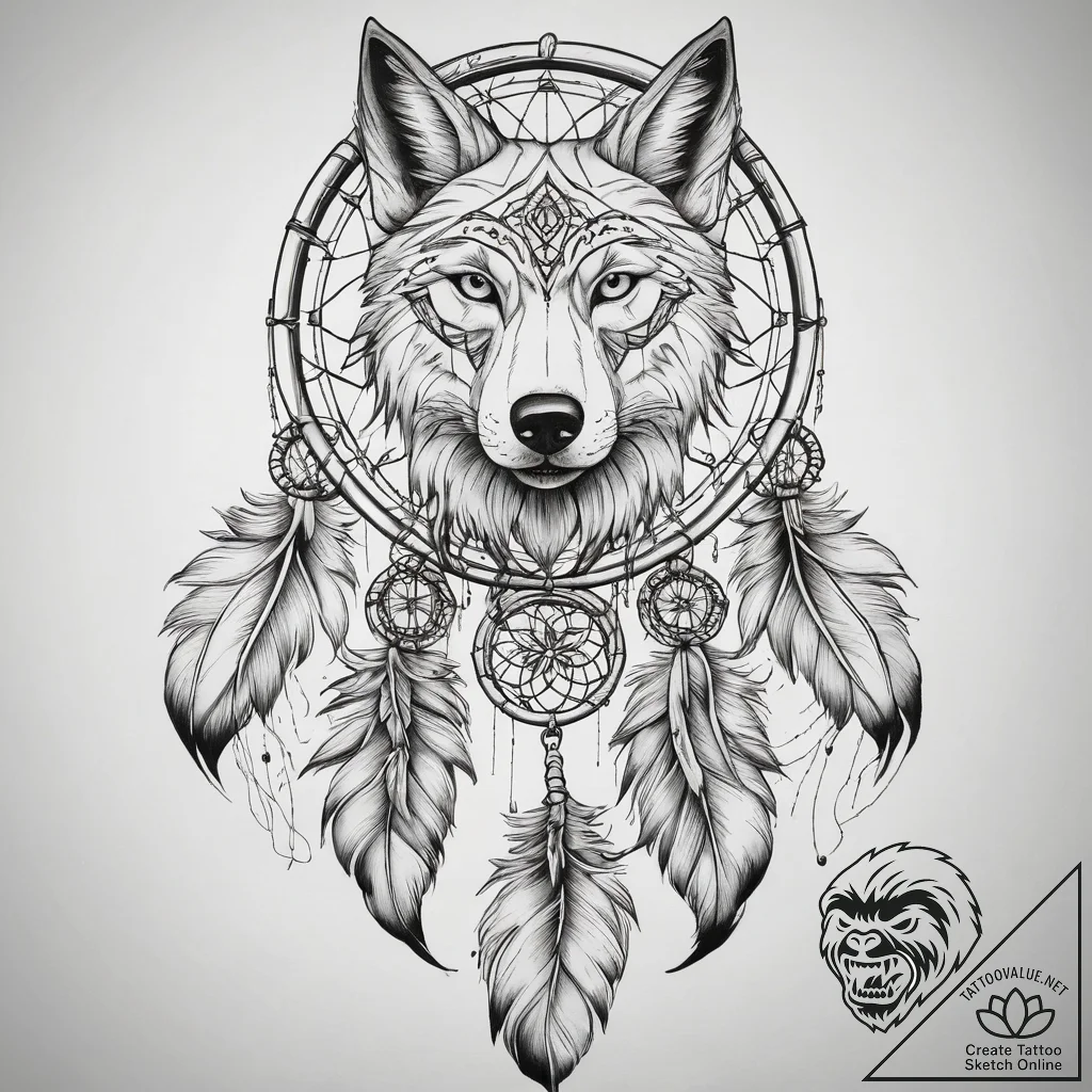 Tattoo sketch dreamcatcher with wolf, artisti... - tattoo sketch (№1758584172_0, 22.09.2025 23:36) — tattoovalue.net