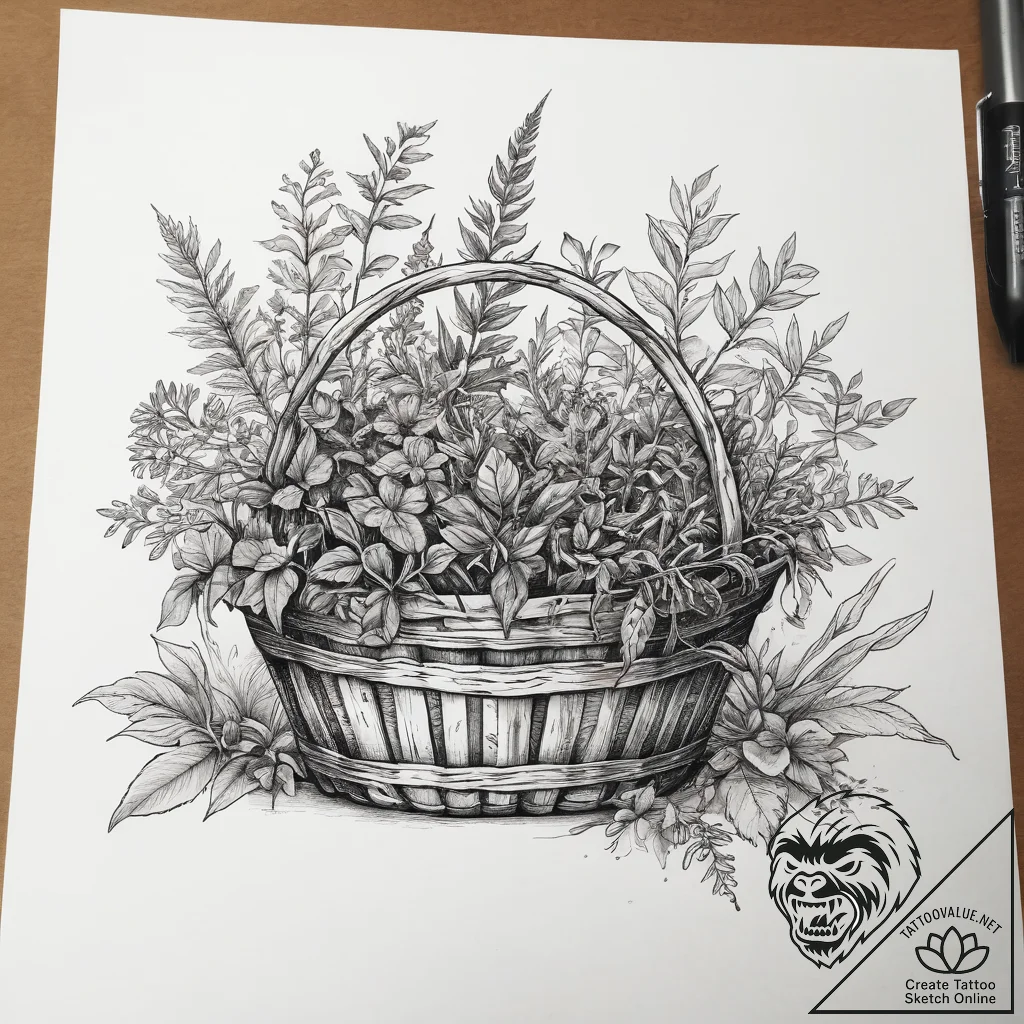 Tattoo sketch foraging a basket of herbs, tat... - tattoo sketch (№1758584367_0, 22.09.2025 23:39) — tattoovalue.net
