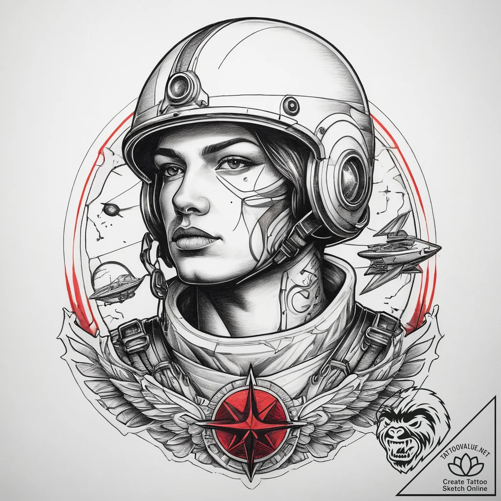 Tattoo sketch soldier with a spaceship, tatto... - tattoo sketch (№1758588305_0, 23.09.2025 00:45) — tattoovalue.net