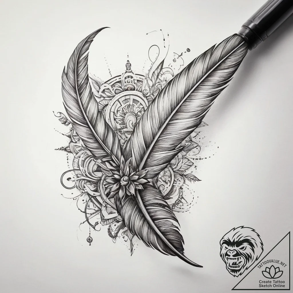 Tattoo sketch old scroll with a feather, conc... - tattoo sketch (№1758644126_0, 23.09.2025 16:15) — tattoovalue.net