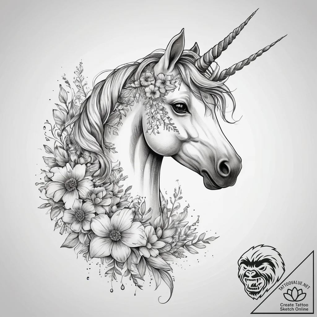 Tattoo sketch unicorn with a floral pattern - tattoo sketch (№1758649254_0, 23.09.2025 17:40) — tattoovalue.net