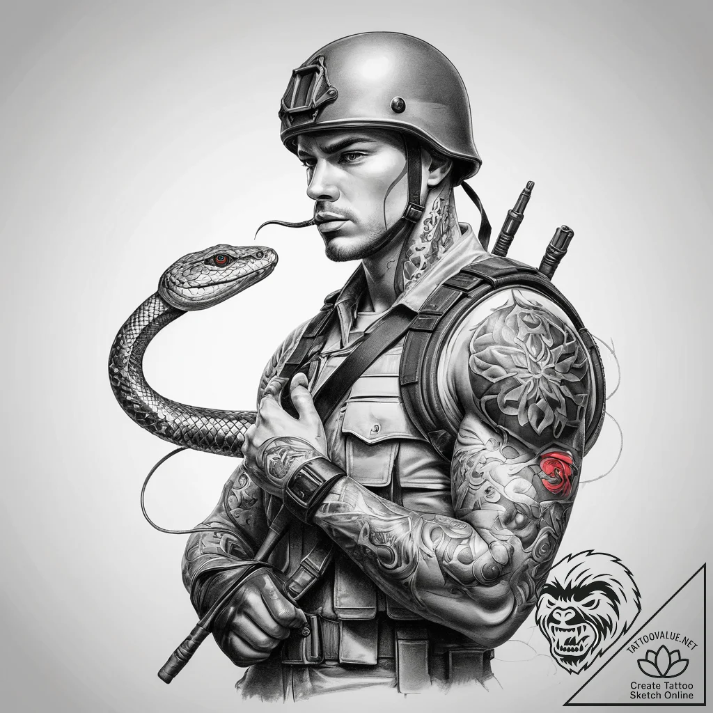 Tattoo sketch soldier with a snake, ink illus... - tattoo sketch (№1758652215_0, 23.09.2025 18:30) — tattoovalue.net