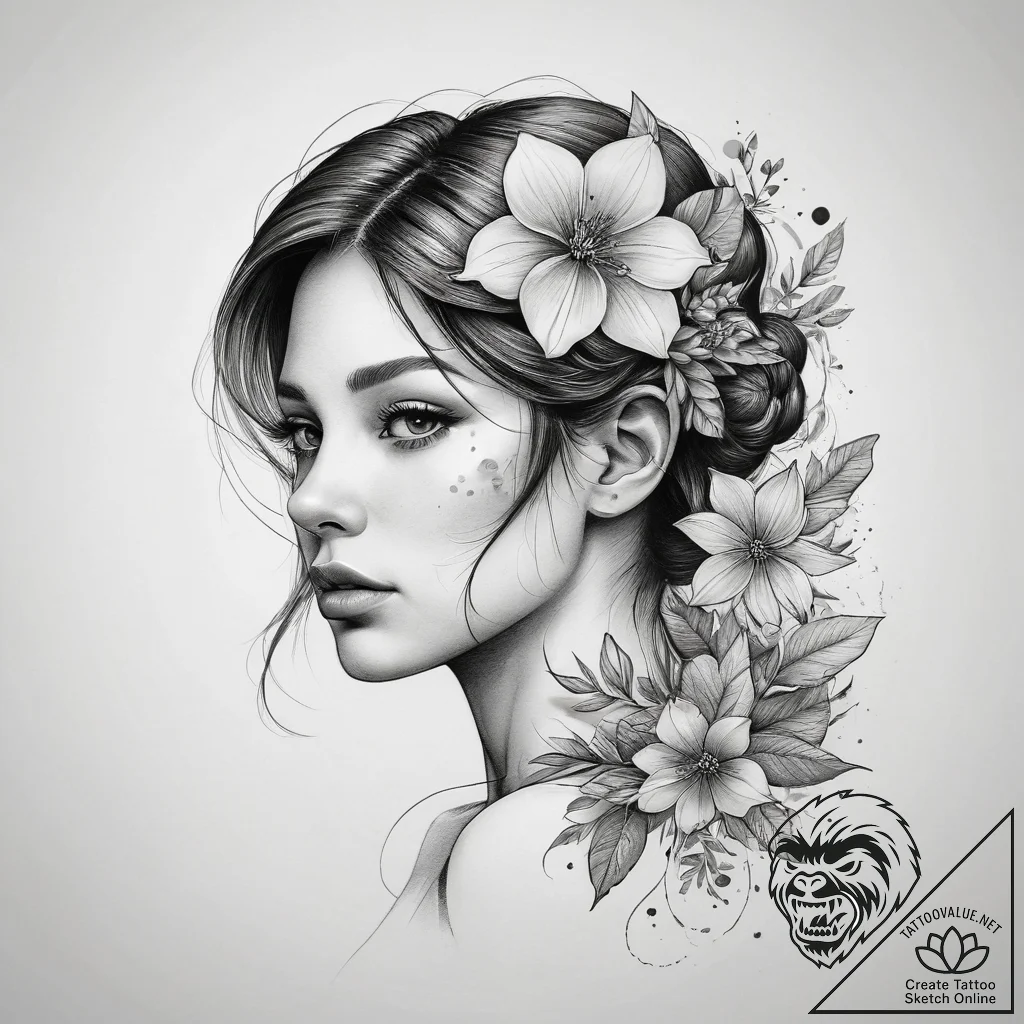 Tattoo sketch портрет девушки с цветами, conc... - tattoo sketch (№1758652455_0, 23.09.2025 18:34) — tattoovalue.net
