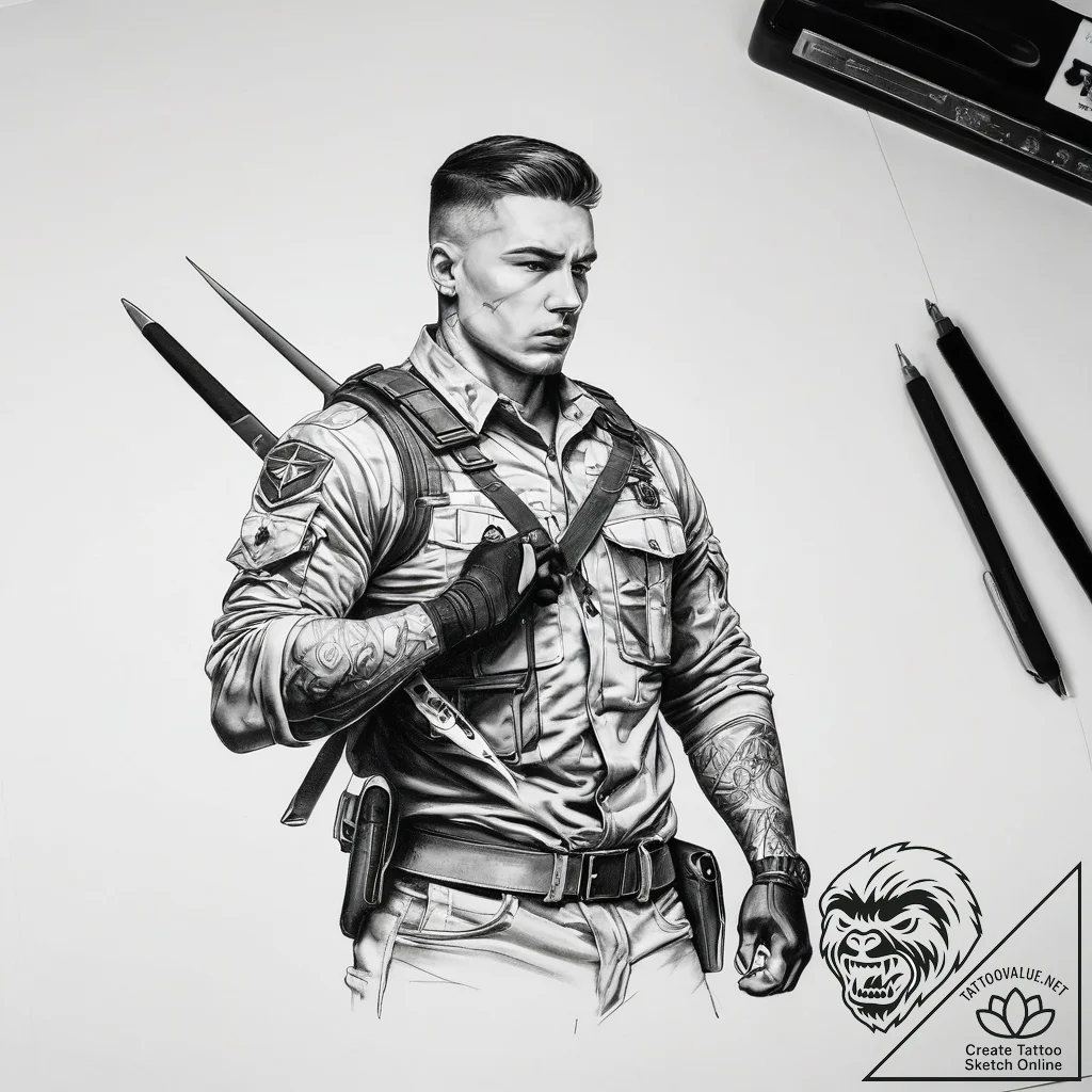 Tattoo sketch soldier with a scissors - tattoo sketch (№1758659954_0, 23.09.2025 20:39) — tattoovalue.net