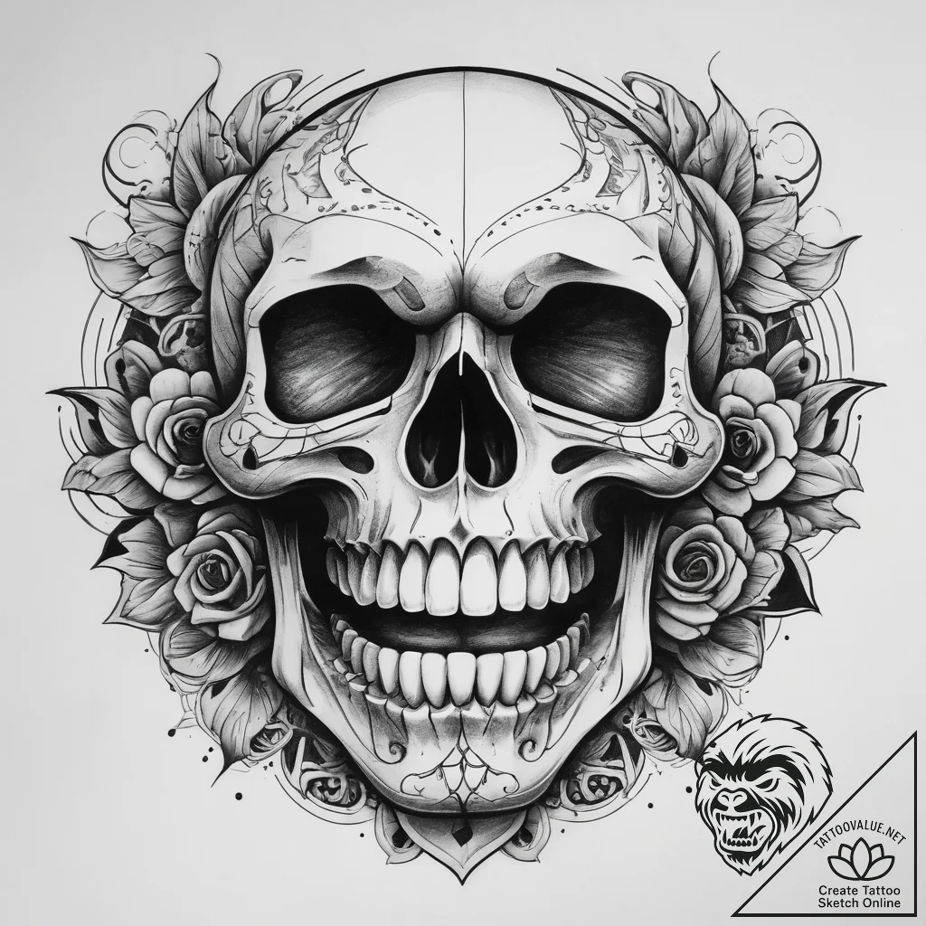 Tattoo sketch laughing skull, ink illustratio... - tattoo sketch (№1758665791_0, 23.09.2025 22:16) — tattoovalue.net