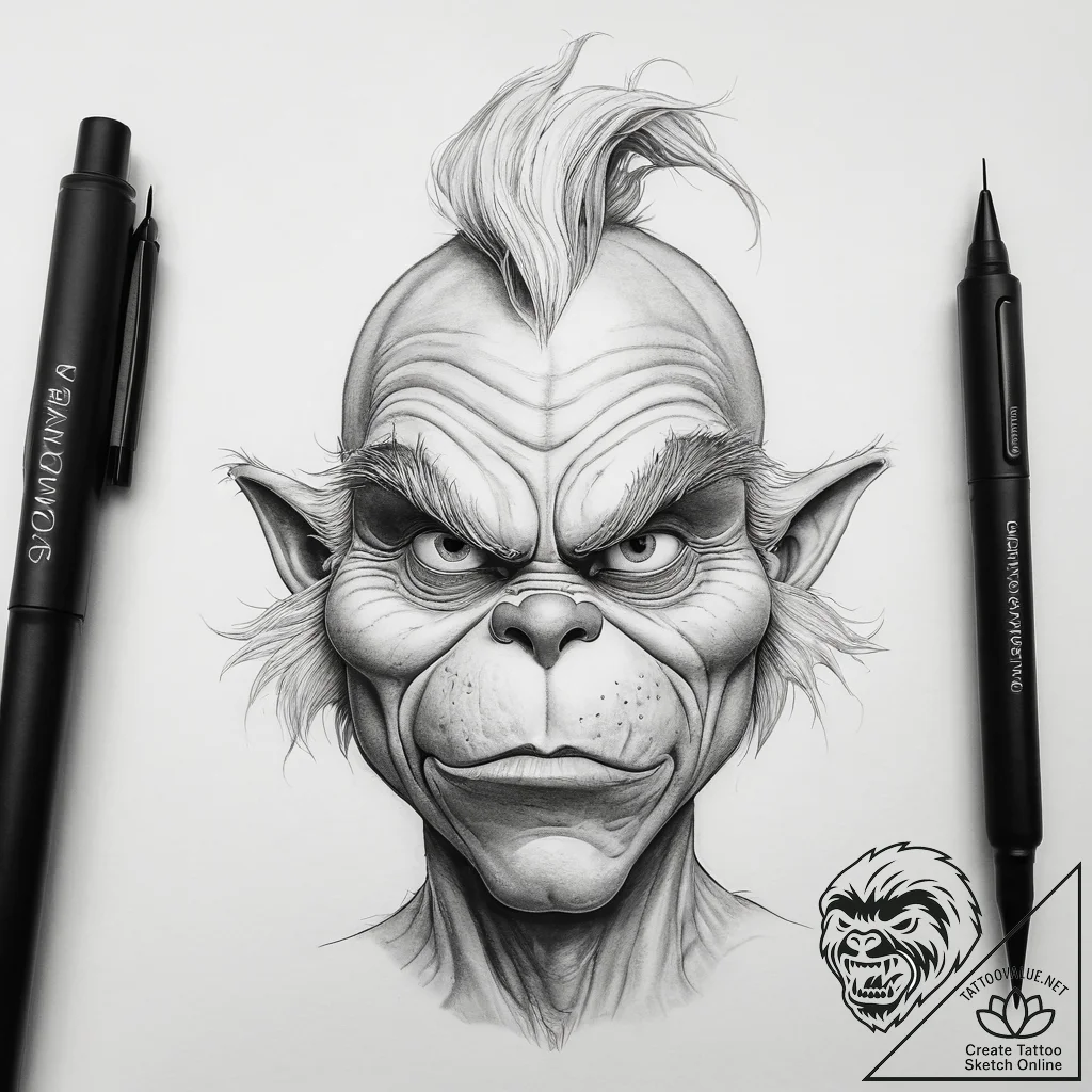 Tattoo sketch the grinch with a horn, concept... - tattoo sketch (№1758667935_0, 23.09.2025 22:52) — tattoovalue.net