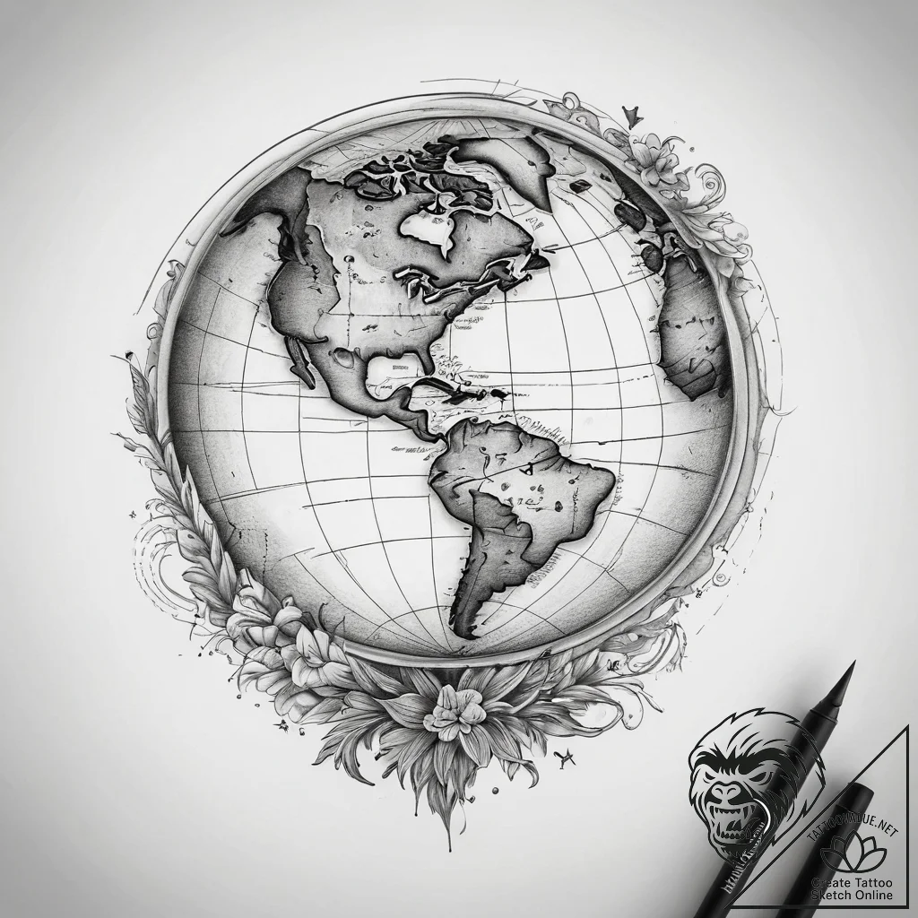 Tattoo sketch globe with continents, concept... - tattoo sketch (№1758670474_0, 23.09.2025 23:34) — tattoovalue.net
