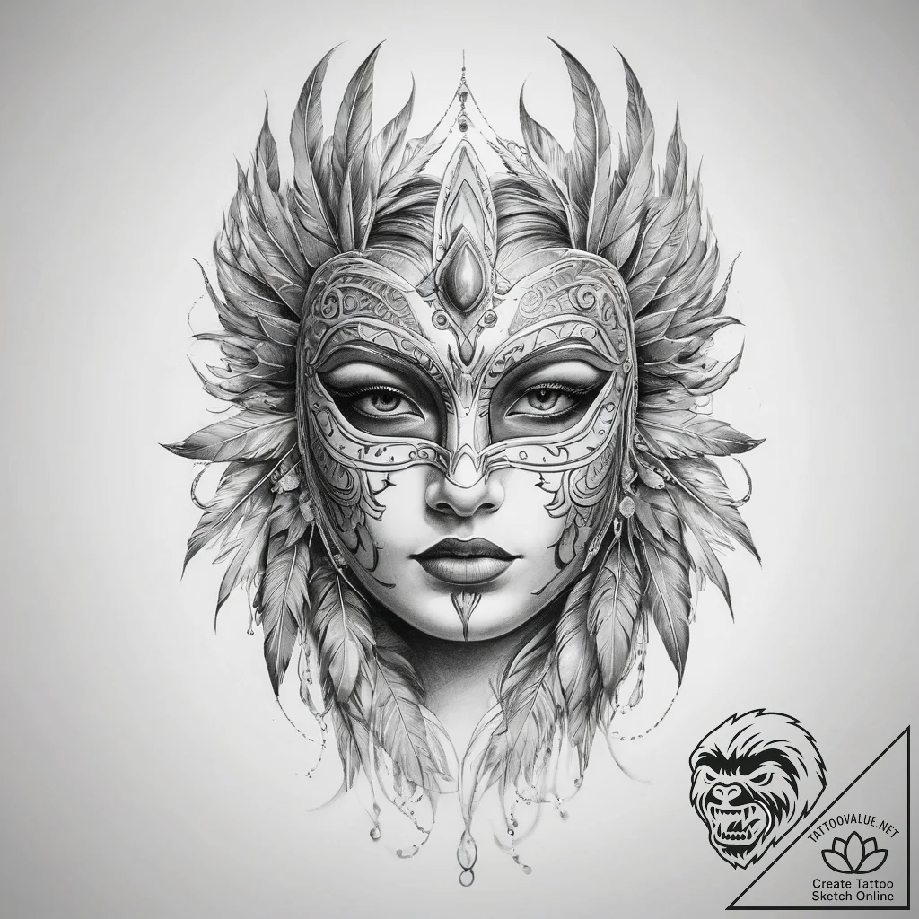 Tattoo sketch feathered mask tattoo - tattoo sketch (№1758677886_0, 24.09.2025 01:38) — tattoovalue.net