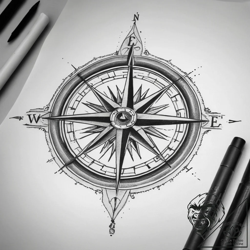 Tattoo sketch compass with a flag, tattoo dra... - tattoo sketch (№1758684153_0, 24.09.2025 03:22) — tattoovalue.net