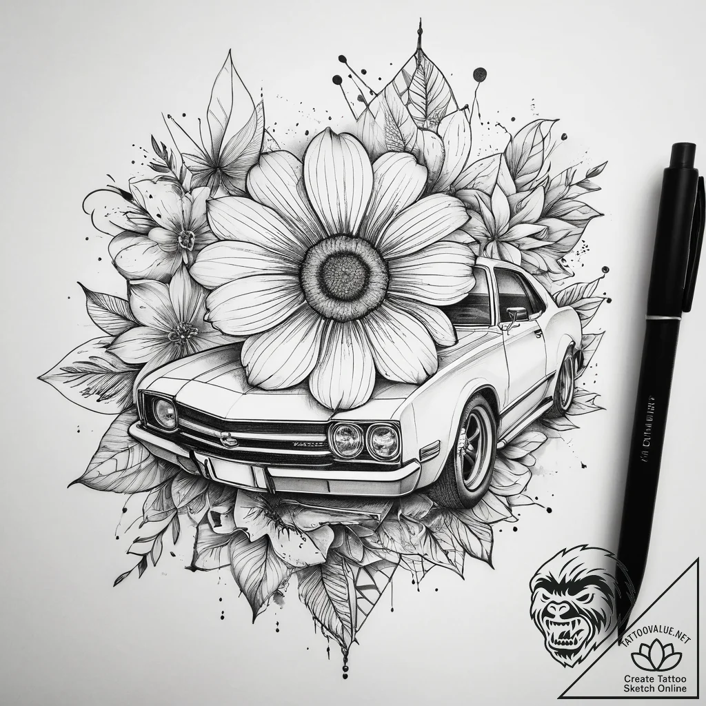 Tattoo sketch car with a flower, artistic tat... - tattoo sketch (№1758684934_0, 24.09.2025 03:35) — tattoovalue.net