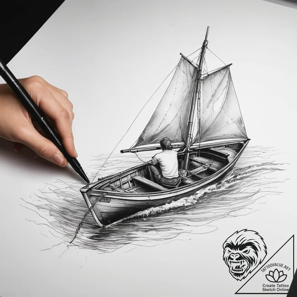 Tattoo sketch boating a person on a boat - tattoo sketch (№1758687269_0, 24.09.2025 04:14) — tattoovalue.net