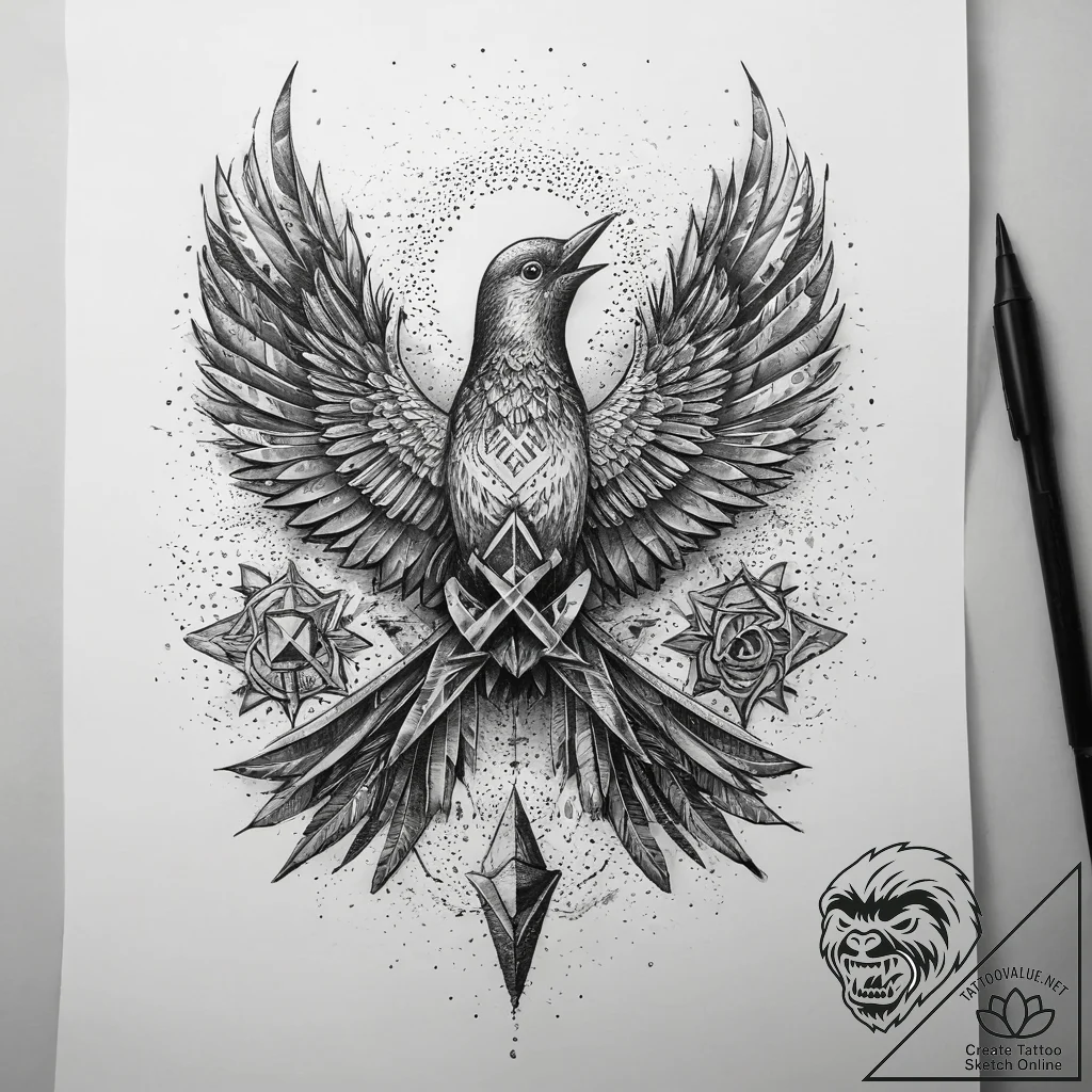 Tattoo sketch dagaz rune with a bird, ink ill... - tattoo sketch (№1758694904_0, 24.09.2025 06:21) — tattoovalue.net