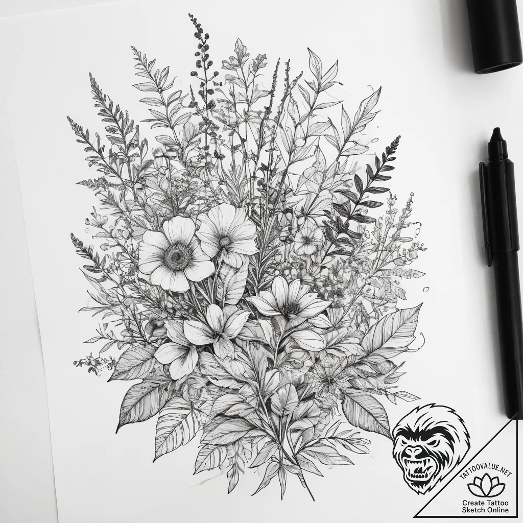 Herbs & botanicals, tattoo drawing outline, b... - tattoo sketch (№1758695876_0, 24.09.2025 06:37) — tattoovalue.net