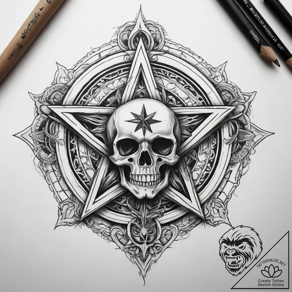 Tattoo sketch pentagram with a skull, tattoo... - tattoo sketch (№1758699977_0, 24.09.2025 07:46) — tattoovalue.net