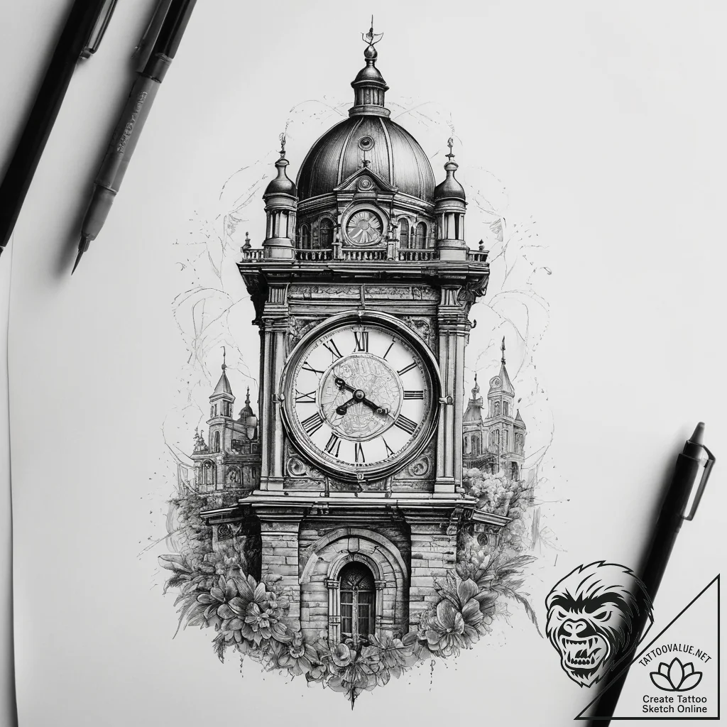 Tattoo sketch victorian era clock tower, tatt... - tattoo sketch (№1758703898_0, 24.09.2025 08:51) — tattoovalue.net