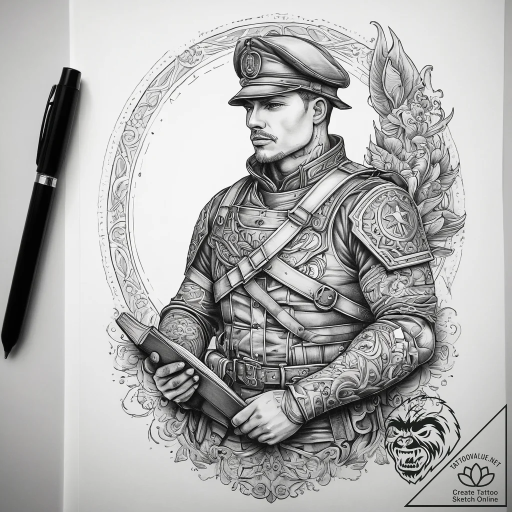 Tattoo sketch soldier with a book, concept ar... - tattoo sketch (№1758708534_0, 24.09.2025 10:08) — tattoovalue.net