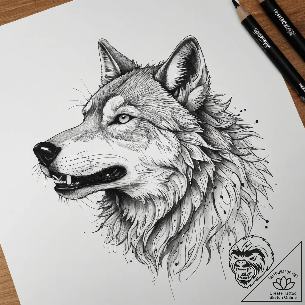 Tattoo sketch spirit animal wolf howling, tat... - tattoo sketch (№1758716021_0, 24.09.2025 12:13) — tattoovalue.net