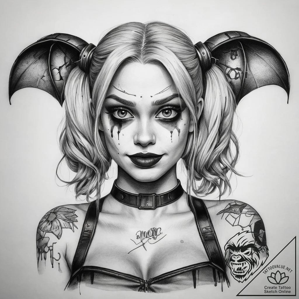 Tattoo sketch suicide squad harley quinn bat - tattoo sketch (№1758801630_0, 25.09.2025 12:00) — tattoovalue.net
