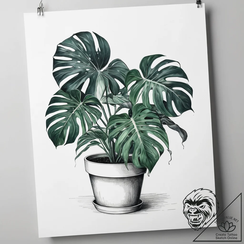 Tattoo sketch monstera plant in a pot - tattoo sketch (№1758880814_0, 26.09.2025 10:00) — tattoovalue.net
