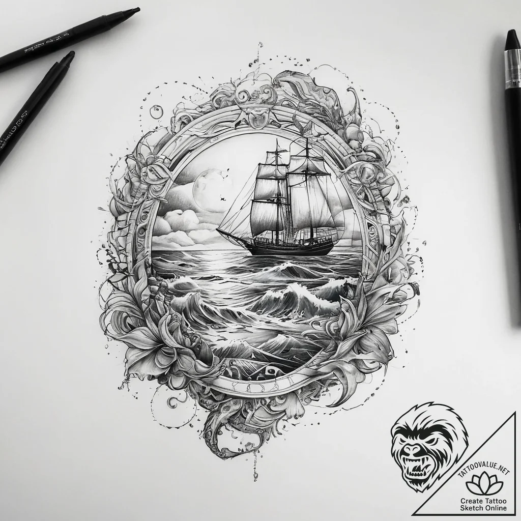 Tattoo sketch океан - tattoo sketch (№1758881600_0, 26.09.2025 10:13) — tattoovalue.net