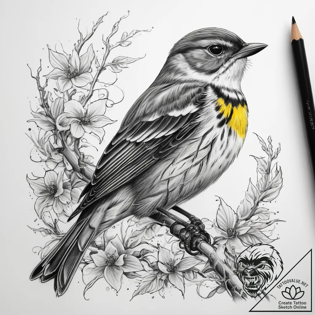 Tattoo sketch yellow-rumped warbler, ink illu... - tattoo sketch (№1758888656_0, 26.09.2025 12:10) — tattoovalue.net