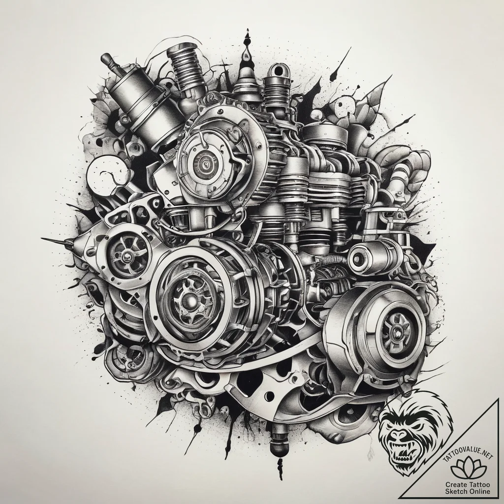 Tattoo sketch rusty engine, tattoo flash shee... - tattoo sketch (№1758977004_0, 27.09.2025 12:43) — tattoovalue.net