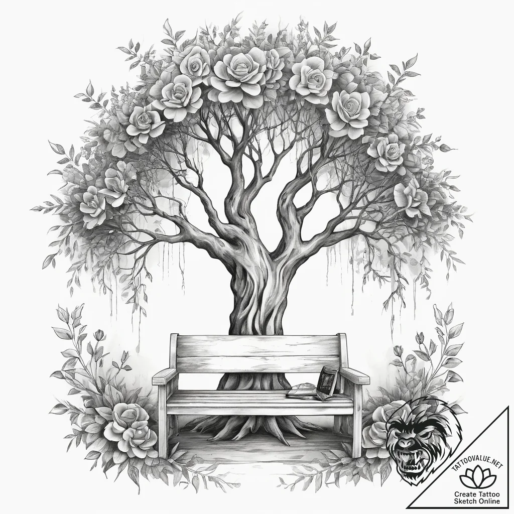 Tattoo sketch willow tree with a bench, tatto... - tattoo sketch (№1758983061_0, 27.09.2025 14:24) — tattoovalue.net