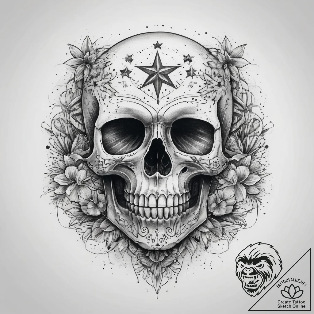 Tattoo sketch череп со звездами, concept art... - tattoo sketch (№1758983257_0, 27.09.2025 14:27) — tattoovalue.net