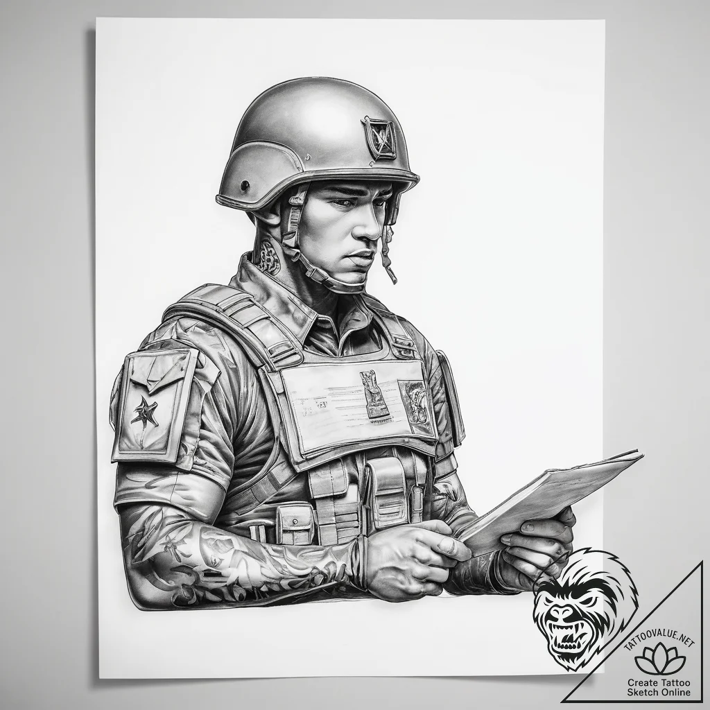 Tattoo sketch soldier with a document - tattoo sketch (№1758988345_0, 27.09.2025 15:52) — tattoovalue.net