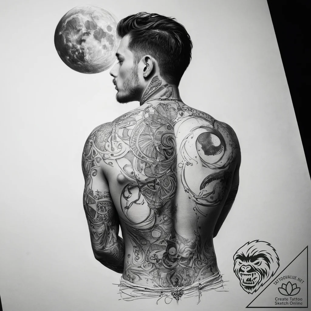 Tattoo sketch back of a man with a moon - tattoo sketch (№1758992860_0, 27.09.2025 17:07) — tattoovalue.net
