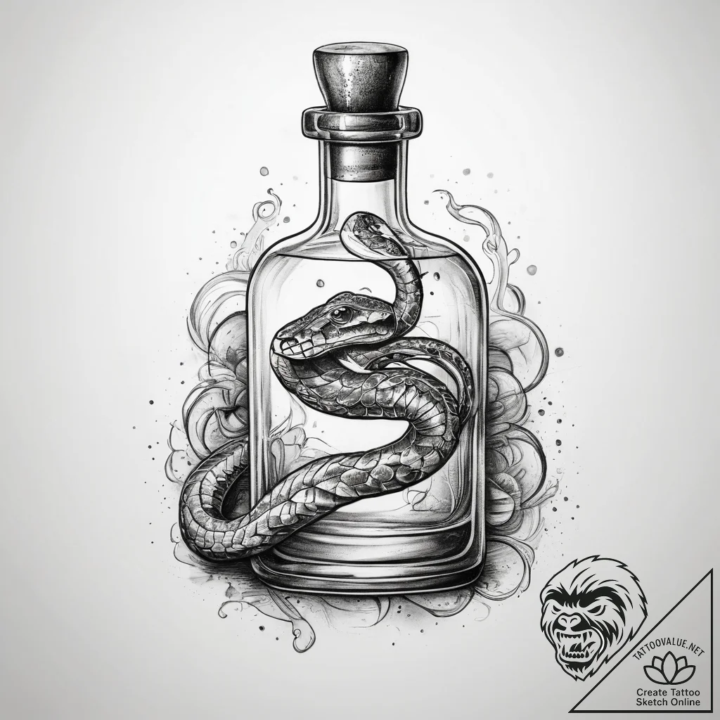 Tattoo sketch magic potion bottle with a snak... - tattoo sketch (№1758993442_0, 27.09.2025 17:17) — tattoovalue.net