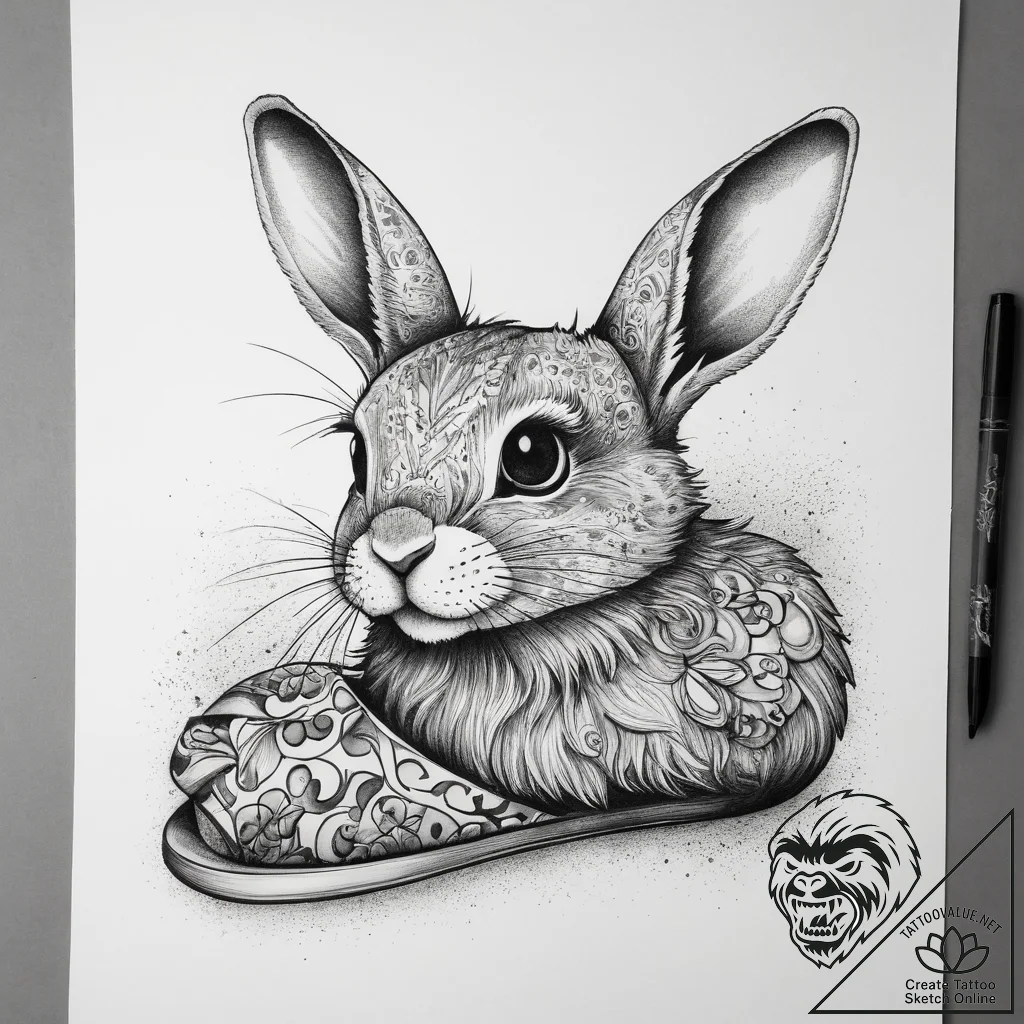 Tattoo sketch slipper with a bunny, tattoo li... - tattoo sketch (№1758999945_0, 27.09.2025 19:05) — tattoovalue.net