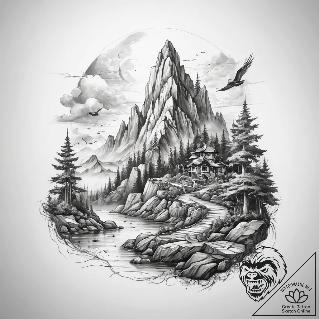 Tattoo sketch fantasy landscape - tattoo sketch (№1759057788_0, 28.09.2025 11:09) — tattoovalue.net