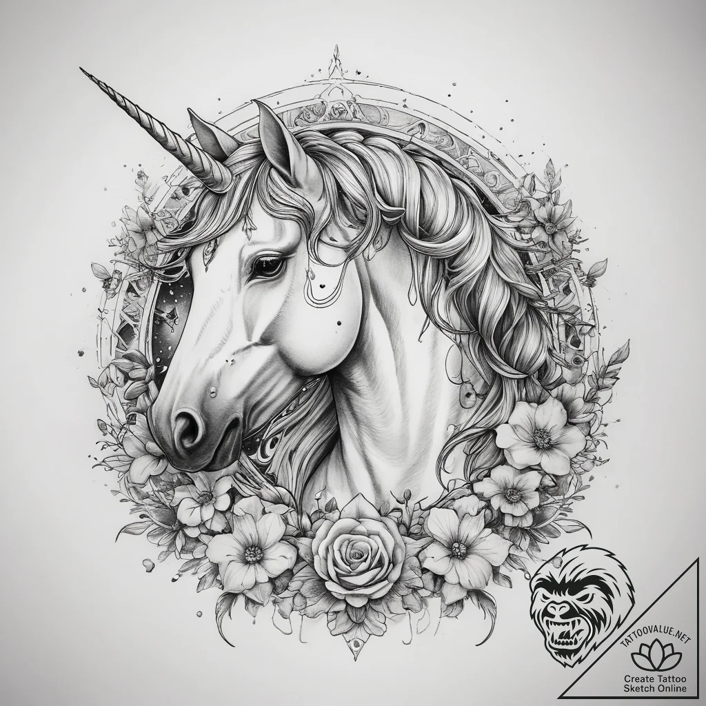 Tattoo sketch mystical unicorn - tattoo sketch (№1759057985_0, 28.09.2025 11:13) — tattoovalue.net