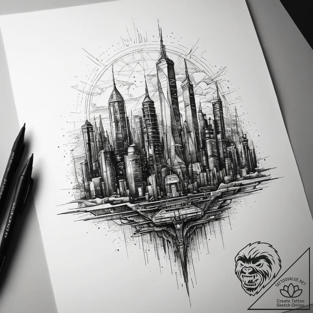 Tattoo sketch cyberpunk neon city skyline, ta... - tattoo sketch (№1759058970_0, 28.09.2025 11:29) — tattoovalue.net