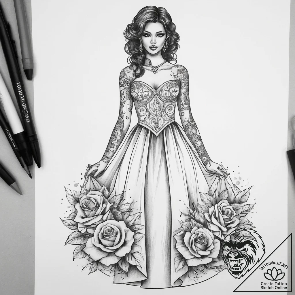 Tattoo sketch evening gown with a galaxy, tat... - tattoo sketch (№1759072457_0, 28.09.2025 15:14) — tattoovalue.net