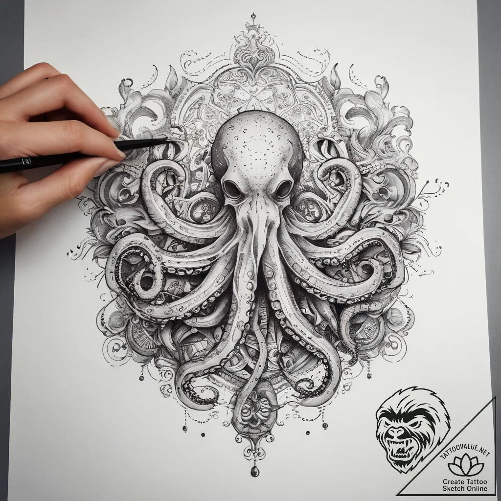 Tattoo sketch hands with an octopus, tattoo d... - tattoo sketch (№1759075776_0, 28.09.2025 16:09) — tattoovalue.net
