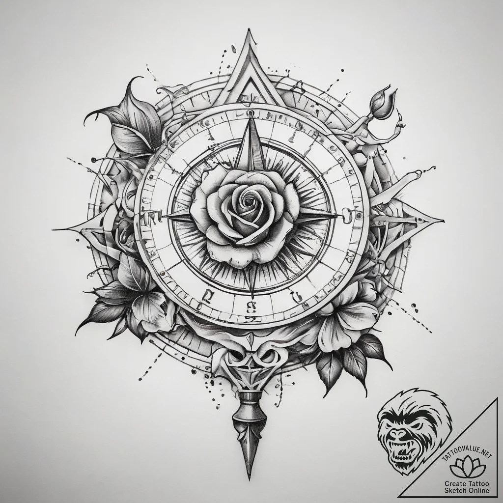 Tattoo sketch sundial with a rose - tattoo sketch (№1759078889_0, 28.09.2025 17:01) — tattoovalue.net