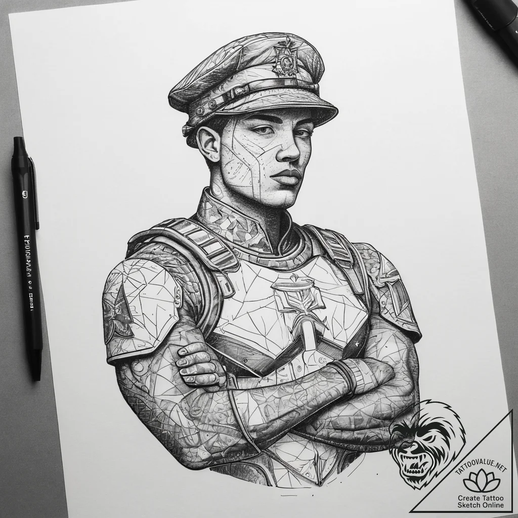 Tattoo sketch soldier with a letter, tattoo d... - tattoo sketch (№1759080840_0, 28.09.2025 17:34) — tattoovalue.net
