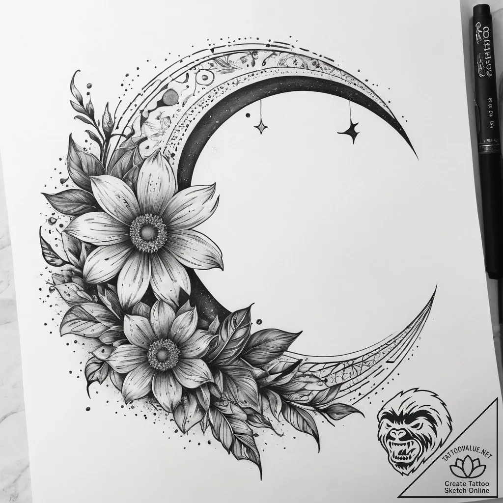 Tattoo sketch crescent moon with a flower, ta... - tattoo sketch (№1759084166_0, 28.09.2025 18:29) — tattoovalue.net