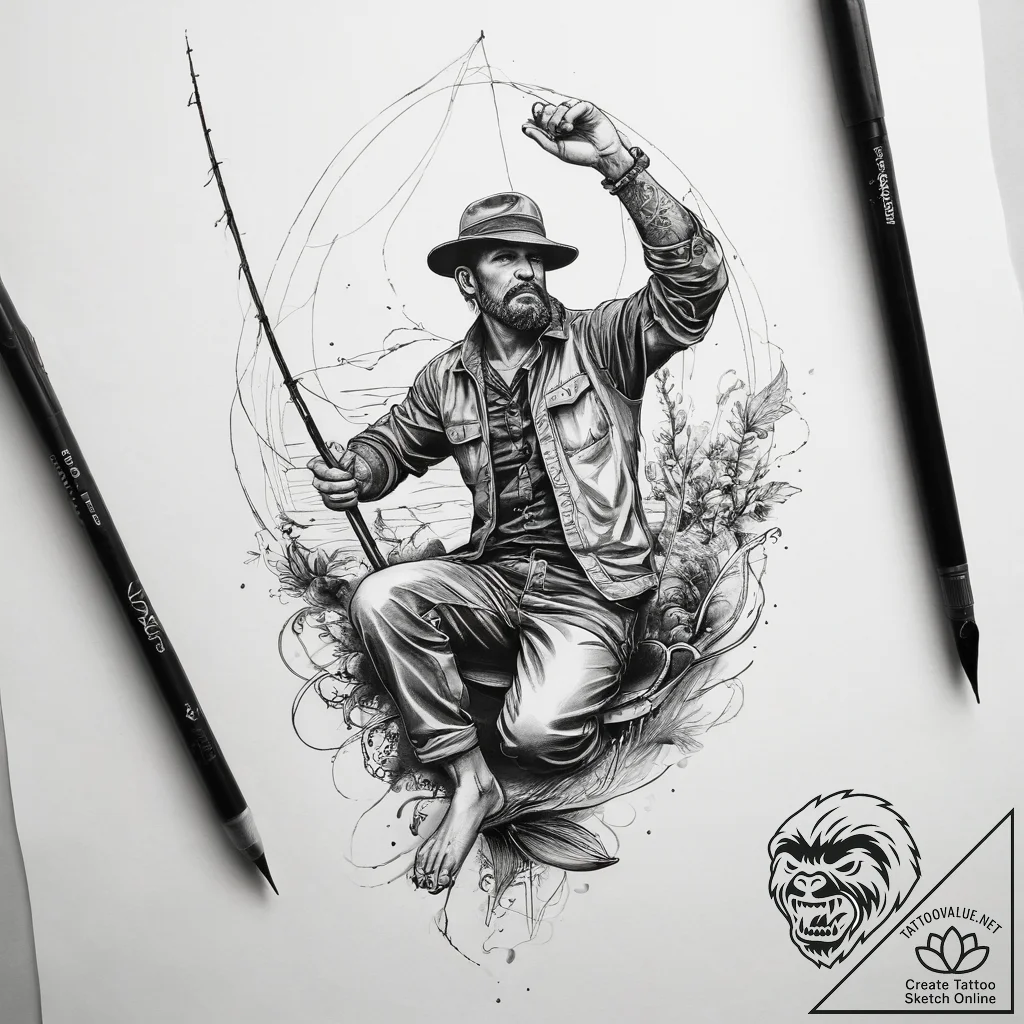 Tattoo sketch fisherman a person fishing, art... - tattoo sketch (№1759086498_0, 28.09.2025 19:08) — tattoovalue.net
