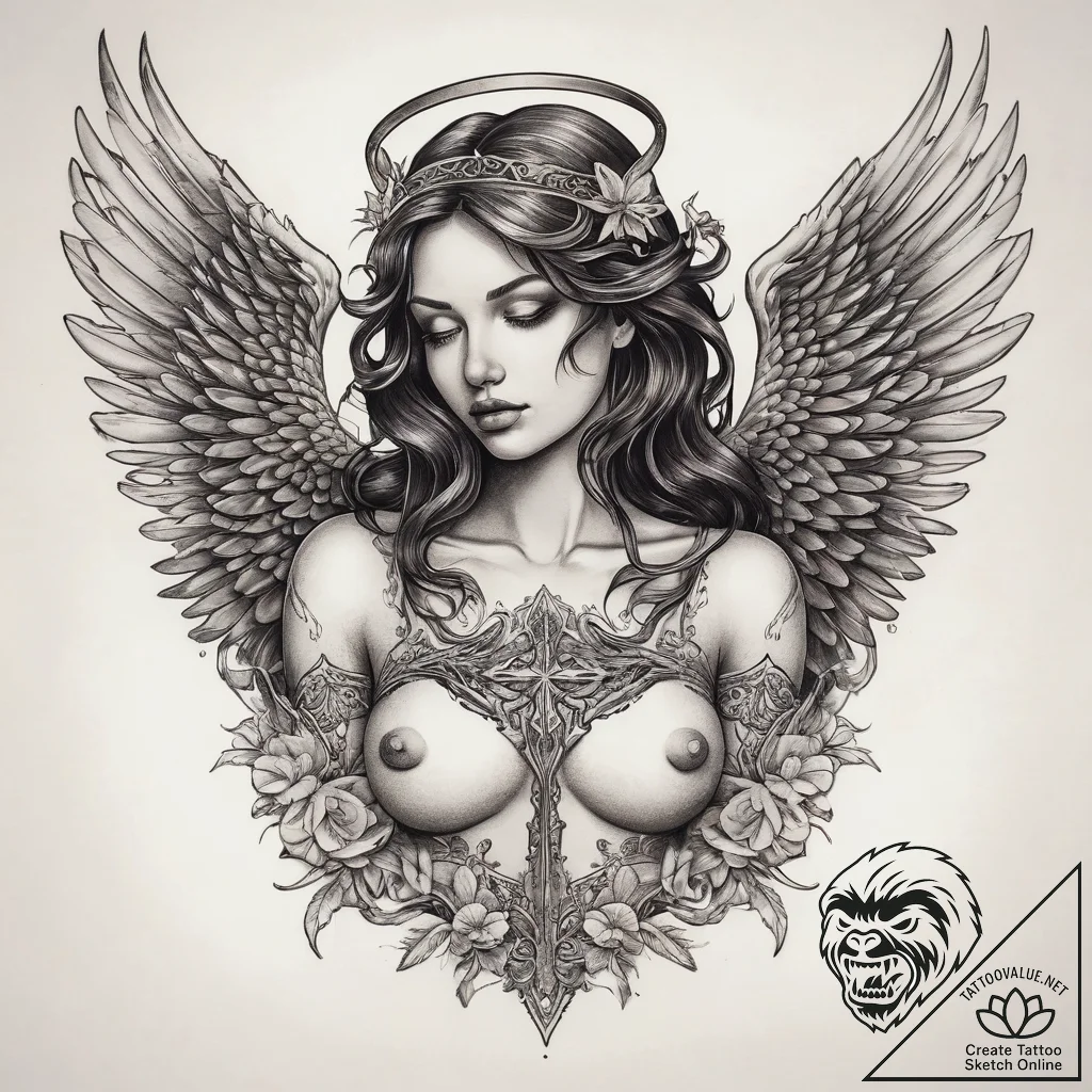 Tattoo sketch angel with a broken wing, tatto... - tattoo sketch (№1759086698_0, 28.09.2025 19:11) — tattoovalue.net
