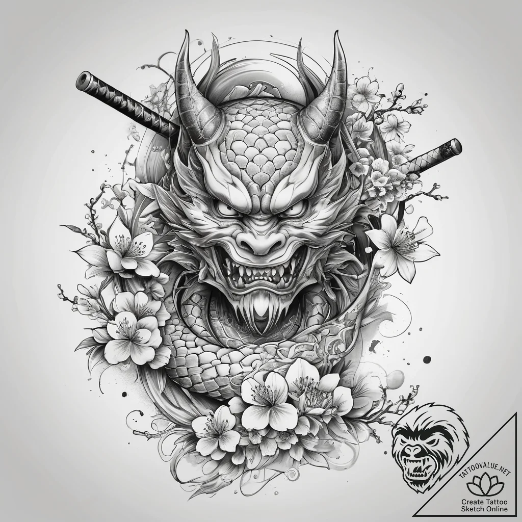 Tattoo sketch japanese katana with cherry blo... - tattoo sketch (№1759092323_0, 28.09.2025 20:45) — tattoovalue.net