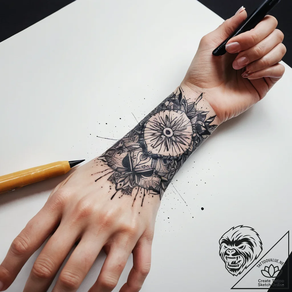 Tattoo sketch hands with a brush, tattoo sket... - tattoo sketch (№1759096972_0, 28.09.2025 22:02) — tattoovalue.net