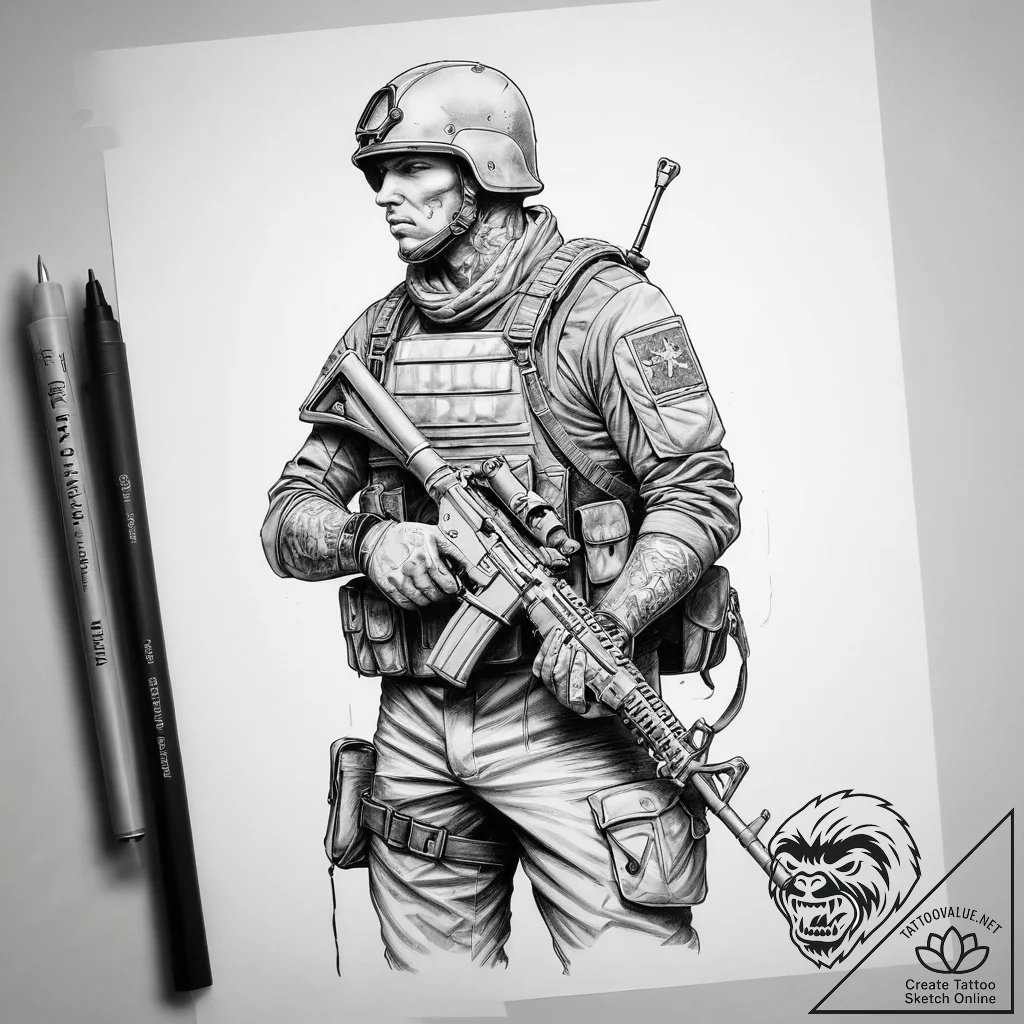 Tattoo sketch soldier with a rifle, tattoo dr... - tattoo sketch (№1759097938_0, 28.09.2025 22:18) — tattoovalue.net