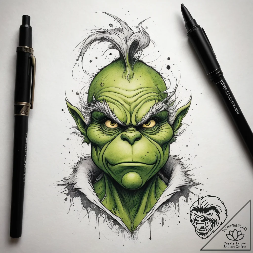 Tattoo sketch the grinch with a wing, tattoo... - tattoo sketch (№1759098713_0, 28.09.2025 22:31) — tattoovalue.net