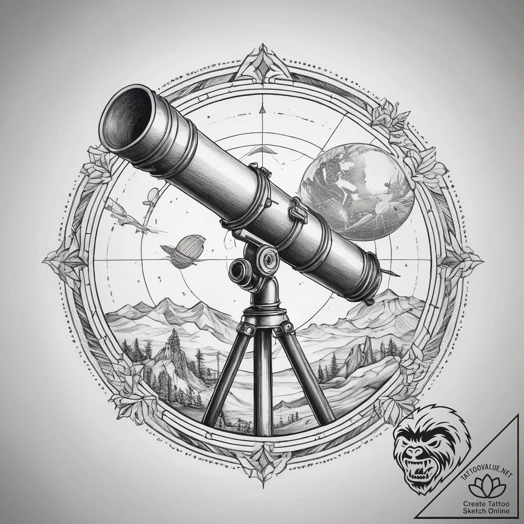 Tattoo sketch old telescope with a planet, co... - tattoo sketch (№1759102590_0, 28.09.2025 23:36) — tattoovalue.net